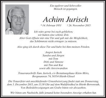 Anzeige von Achim Jurisch von  Sonntags-Post 