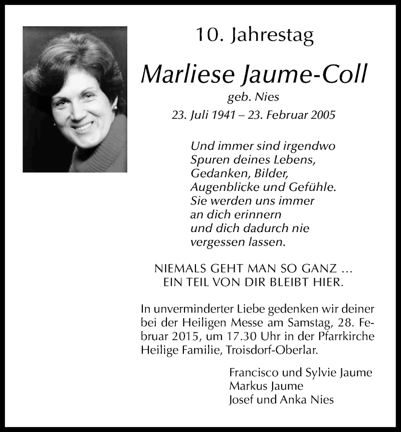  Traueranzeige für Marliese Jaume-Coll vom 21.02.2015 aus Kölner Stadt-Anzeiger / Kölnische Rundschau / Express