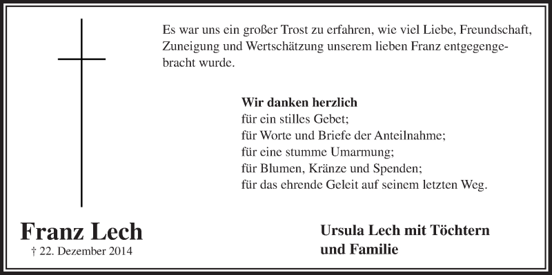  Traueranzeige für Franz Lech vom 24.01.2015 aus  Bergisches Sonntagsblatt 