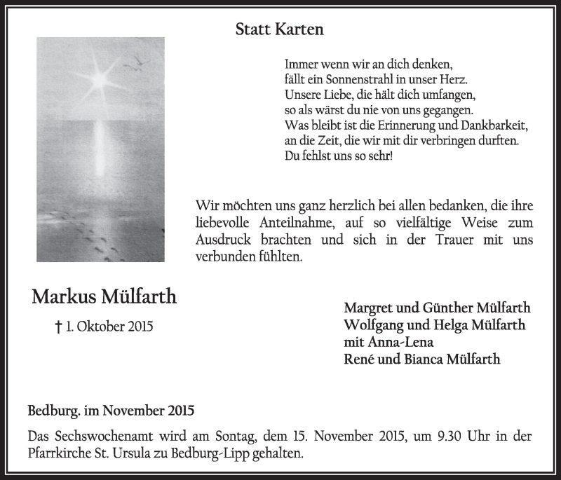  Traueranzeige für Markus Mülfarth vom 07.11.2015 aus  Sonntags-Post 