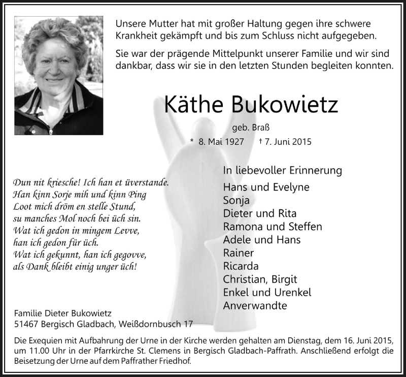  Traueranzeige für Käthe Bukowietz vom 10.06.2015 aus  Bergisches Handelsblatt 