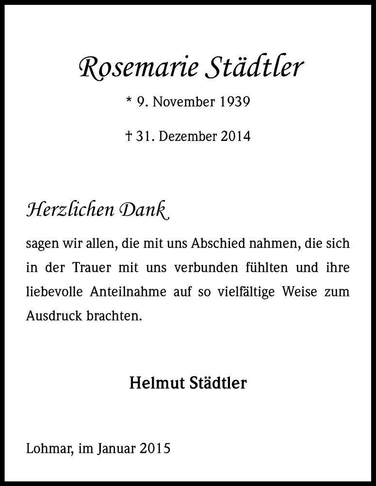  Traueranzeige für Rosemarie Städtler vom 31.01.2015 aus Kölner Stadt-Anzeiger / Kölnische Rundschau / Express