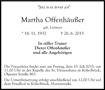 Anzeige von Martha Offenhäußer von Kölner Stadt-Anzeiger / Kölnische Rundschau / Express