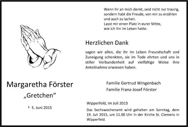  Traueranzeige für Margaretha Förster vom 11.07.2015 aus Kölner Stadt-Anzeiger / Kölnische Rundschau / Express