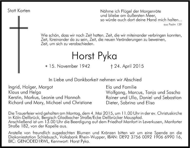  Traueranzeige für Horst Pyka vom 29.04.2015 aus Kölner Stadt-Anzeiger / Kölnische Rundschau / Express