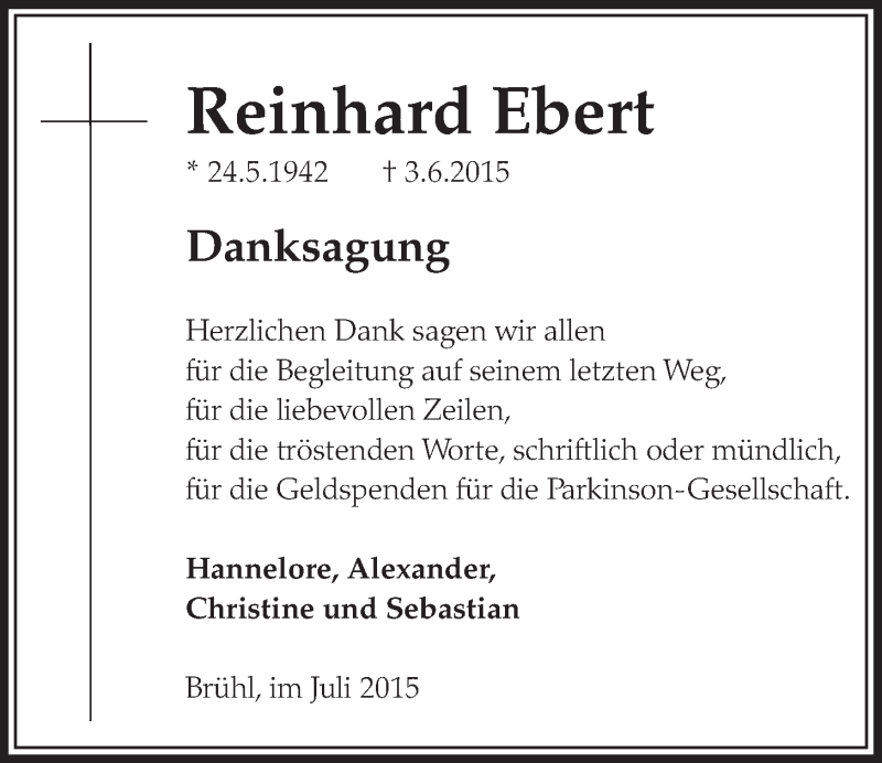  Traueranzeige für Reinhard Ebert vom 29.07.2015 aus  Schlossbote/Werbekurier 