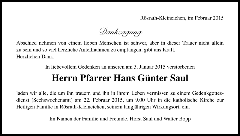  Traueranzeige für Hans Günter Saul vom 14.02.2015 aus Kölner Stadt-Anzeiger / Kölnische Rundschau / Express