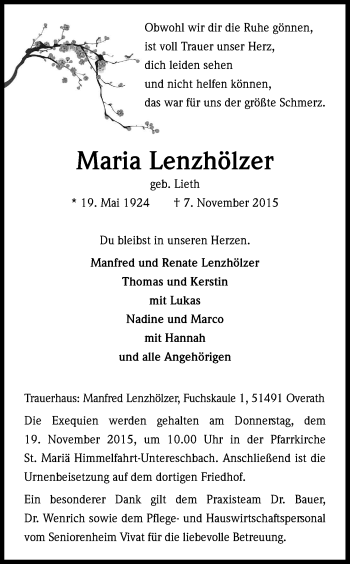 Anzeige von Maria Lenzhölzer von Kölner Stadt-Anzeiger / Kölnische Rundschau / Express