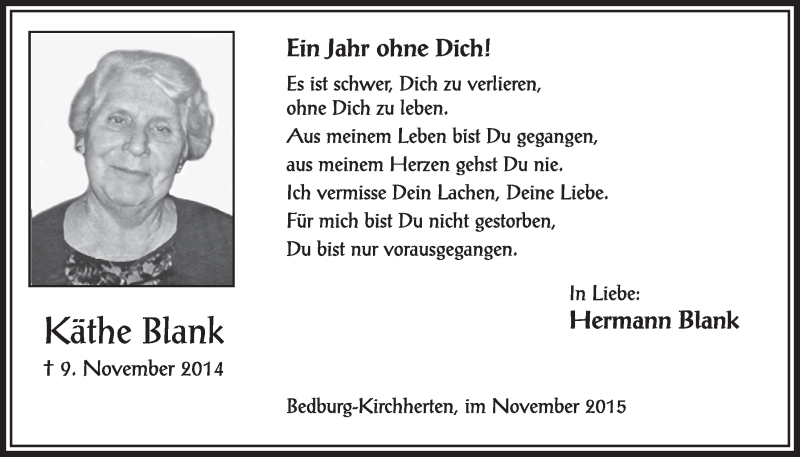  Traueranzeige für Käthe Blank vom 07.11.2015 aus  Sonntags-Post 