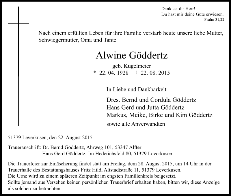  Traueranzeige für Alwine Göddertz vom 26.08.2015 aus Kölner Stadt-Anzeiger / Kölnische Rundschau / Express
