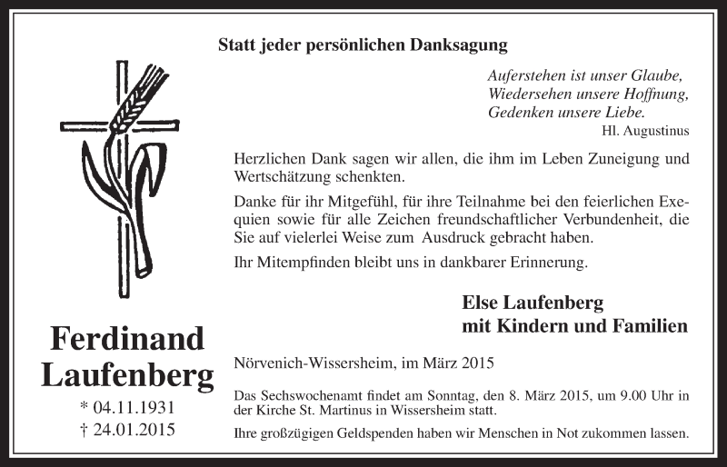  Traueranzeige für Ferdinand Laufenberg vom 04.03.2015 aus  Werbepost 