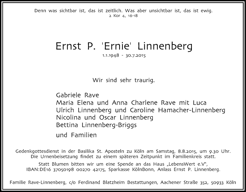  Traueranzeige für Ernst P. Linnenberg vom 05.08.2015 aus Kölner Stadt-Anzeiger / Kölnische Rundschau / Express