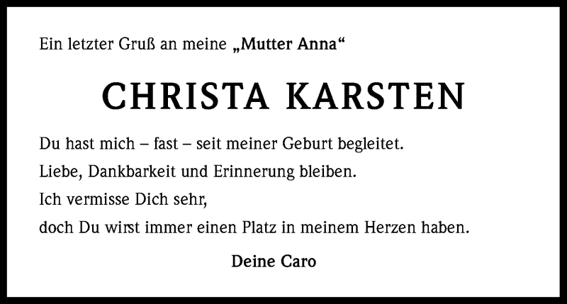  Traueranzeige für Christa Karsten vom 21.11.2015 aus Kölner Stadt-Anzeiger / Kölnische Rundschau / Express