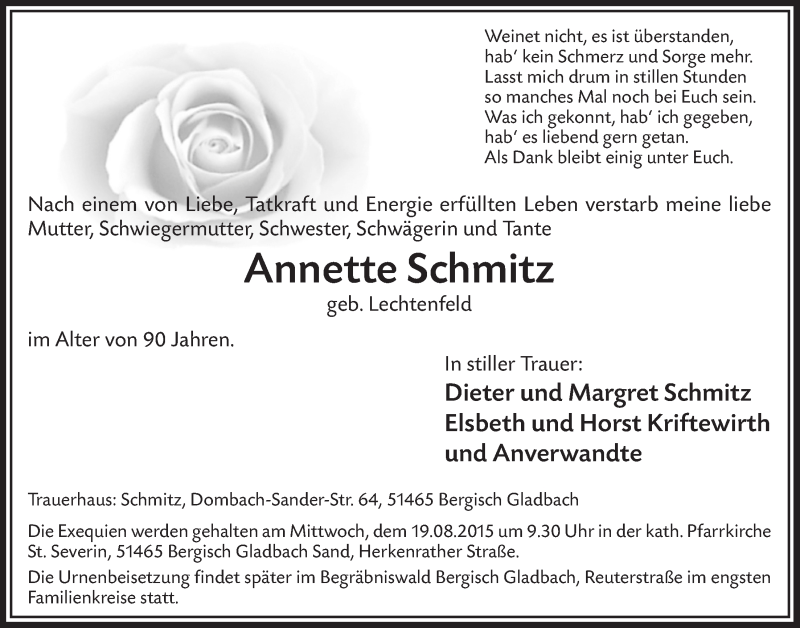  Traueranzeige für Annette Schmitz vom 12.08.2015 aus  Bergisches Handelsblatt 