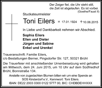 Anzeige von Toni Eilers von Kölner Stadt-Anzeiger / Kölnische Rundschau / Express