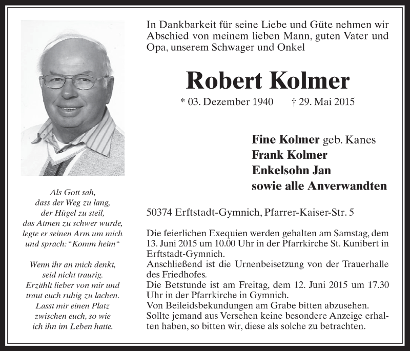  Traueranzeige für Robert Kolmer vom 10.06.2015 aus  Werbepost 