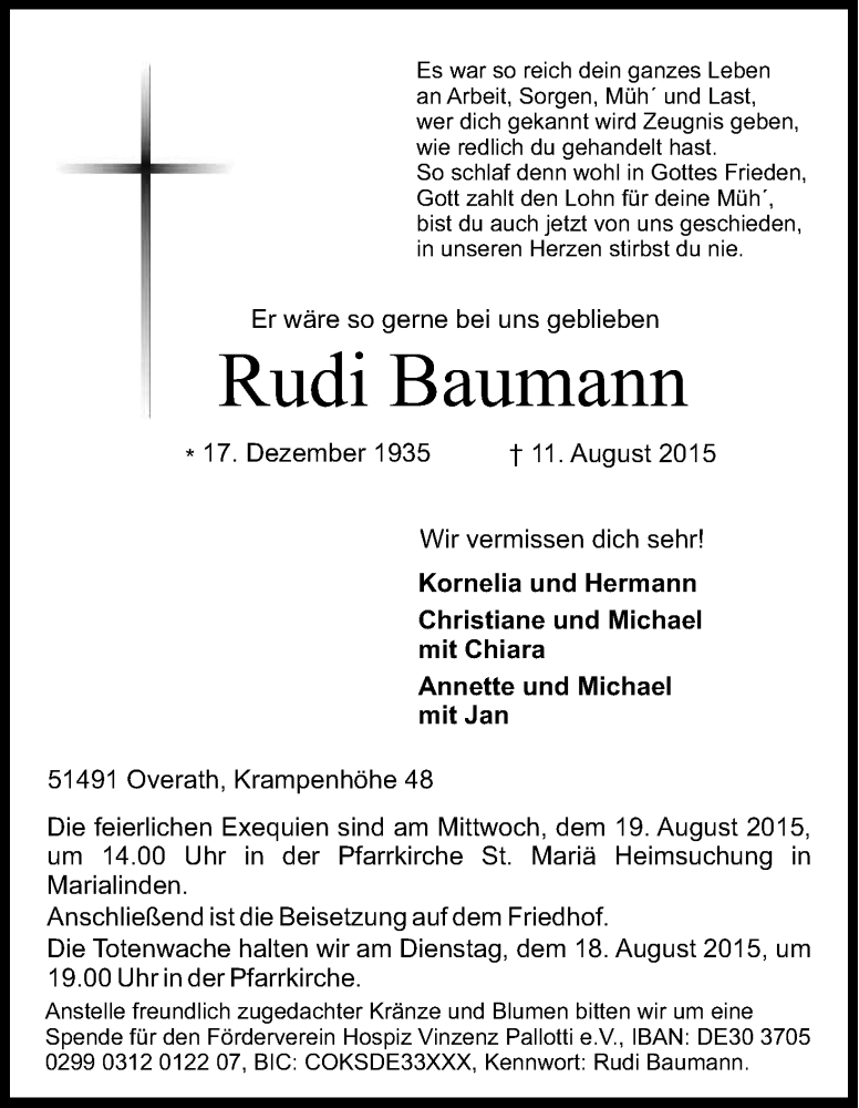  Traueranzeige für Rudi Baumann vom 15.08.2015 aus Kölner Stadt-Anzeiger / Kölnische Rundschau / Express