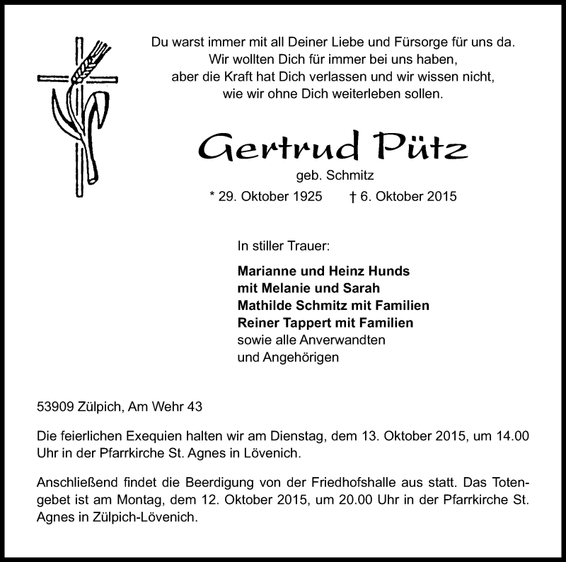  Traueranzeige für Gertrud Pütz vom 08.10.2015 aus Kölner Stadt-Anzeiger / Kölnische Rundschau / Express