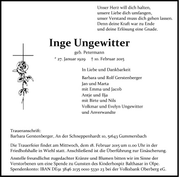 Anzeige von Inge Ungewitter von Kölner Stadt-Anzeiger / Kölnische Rundschau / Express