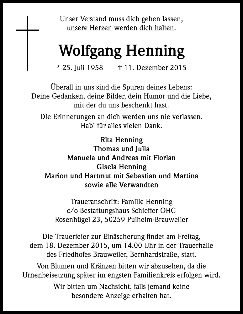  Traueranzeige für Wolfgang Henning vom 16.12.2015 aus Kölner Stadt-Anzeiger / Kölnische Rundschau / Express