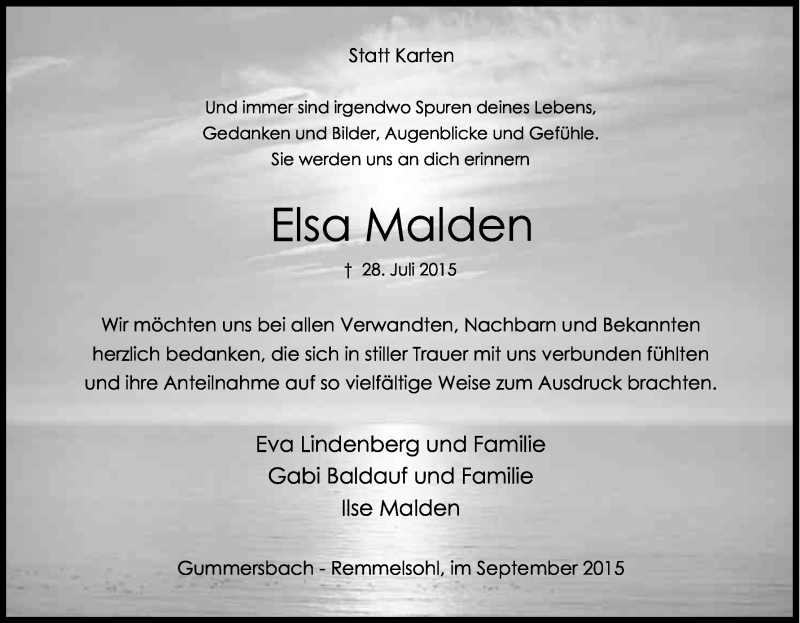  Traueranzeige für Elsa Malden vom 26.09.2015 aus Kölner Stadt-Anzeiger / Kölnische Rundschau / Express