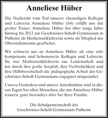 Anzeige von Anneliese Hüber von  Sonntags-Post 