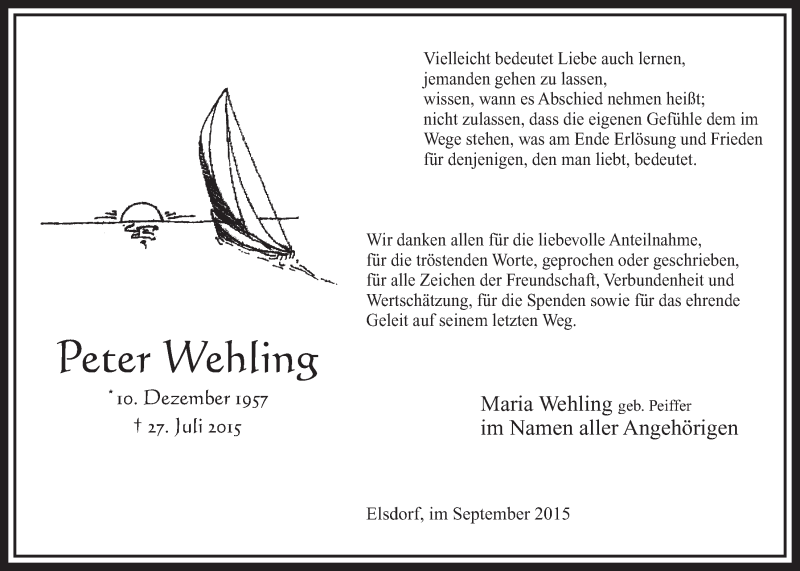  Traueranzeige für Peter Wehling vom 19.09.2015 aus  Sonntags-Post 