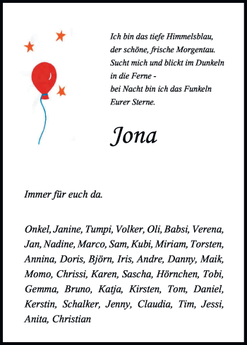 Anzeige von Jona  von Kölner Stadt-Anzeiger / Kölnische Rundschau / Express