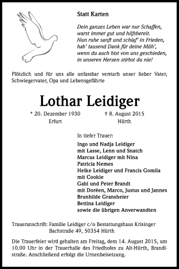 Anzeige von Lothar Leidiger von Kölner Stadt-Anzeiger / Kölnische Rundschau / Express