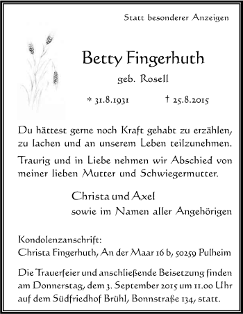 Anzeige von Betty Finserhuth von Kölner Stadt-Anzeiger / Kölnische Rundschau / Express