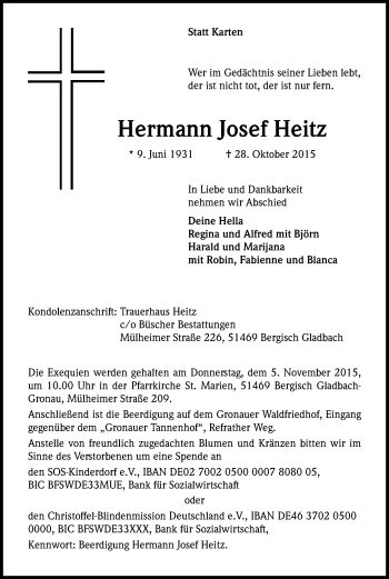 Anzeige von Hermann Josef Heitz von Kölner Stadt-Anzeiger / Kölnische Rundschau / Express