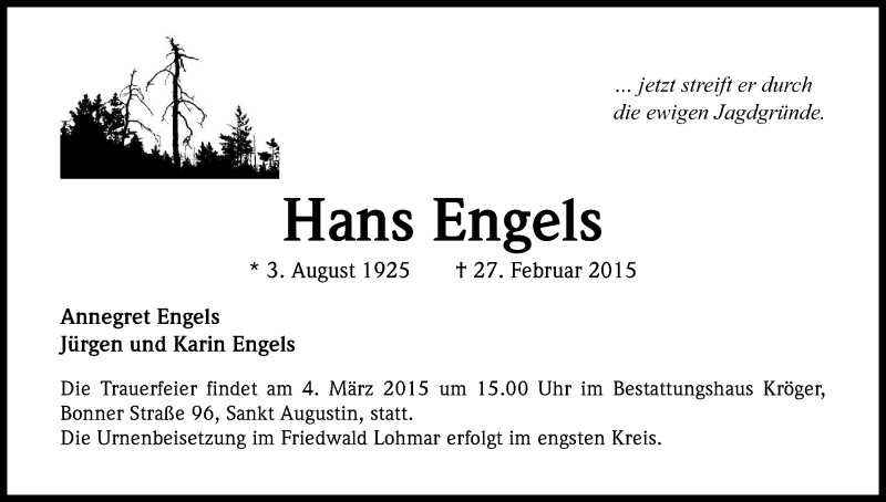  Traueranzeige für Hans Engels vom 03.03.2015 aus Kölner Stadt-Anzeiger / Kölnische Rundschau / Express