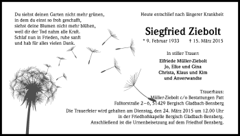 Anzeige von Siegfried Ziebolt von Kölner Stadt-Anzeiger / Kölnische Rundschau / Express