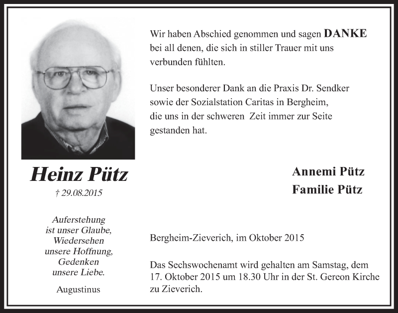  Traueranzeige für Heinz Pütz vom 10.10.2015 aus  Sonntags-Post 