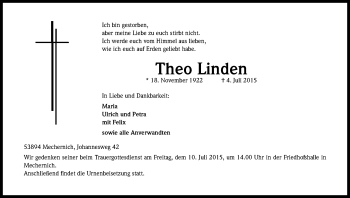 Anzeige von Theo Linden von Kölner Stadt-Anzeiger / Kölnische Rundschau / Express