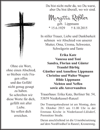 Anzeige von Margitta Rößler von  Extra Blatt 