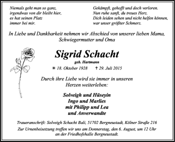 Anzeige von Sigrid Schacht von Kölner Stadt-Anzeiger / Kölnische Rundschau / Express