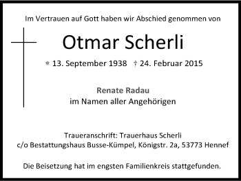 Anzeige von Otmar Scherli von Kölner Stadt-Anzeiger / Kölnische Rundschau / Express
