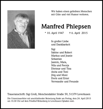 Anzeige von Manfred Phlepsen von Kölner Stadt-Anzeiger / Kölnische Rundschau / Express