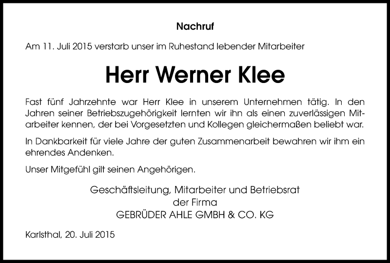  Traueranzeige für Werner Klee vom 22.07.2015 aus Kölner Stadt-Anzeiger / Kölnische Rundschau / Express