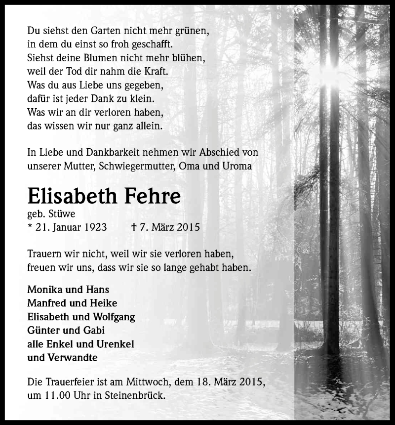  Traueranzeige für Elisabeth Fehre vom 11.03.2015 aus Kölner Stadt-Anzeiger / Kölnische Rundschau / Express