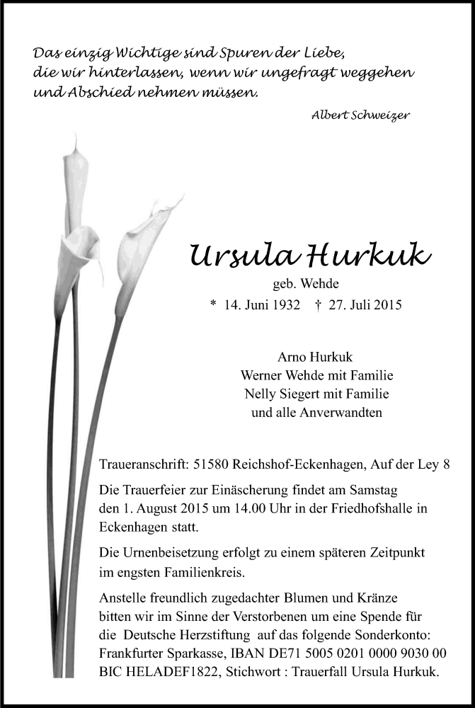  Traueranzeige für Ursula Hurkuk vom 29.07.2015 aus Kölner Stadt-Anzeiger / Kölnische Rundschau / Express