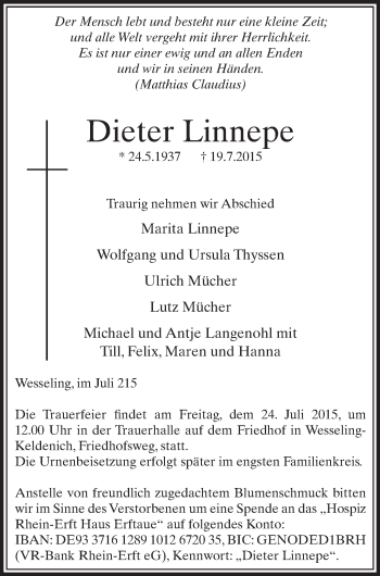 Anzeige von Dieter Linnepe von  Schlossbote/Werbekurier 