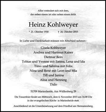 Anzeige von Heinz Kohlweyer von Kölner Stadt-Anzeiger / Kölnische Rundschau / Express