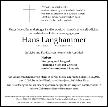 Anzeige von Hans Langhammer von Kölner Stadt-Anzeiger / Kölnische Rundschau / Express