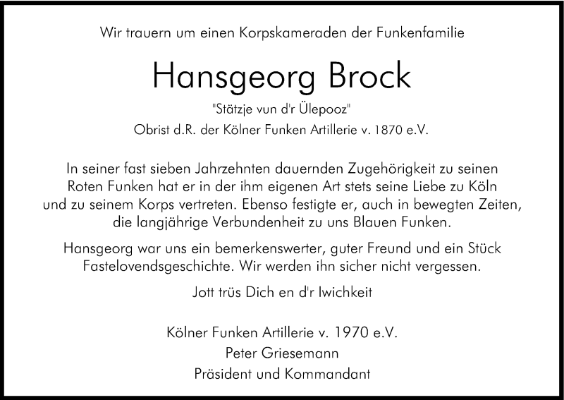  Traueranzeige für Hansgeorg Brock vom 31.01.2015 aus Kölner Stadt-Anzeiger / Kölnische Rundschau / Express