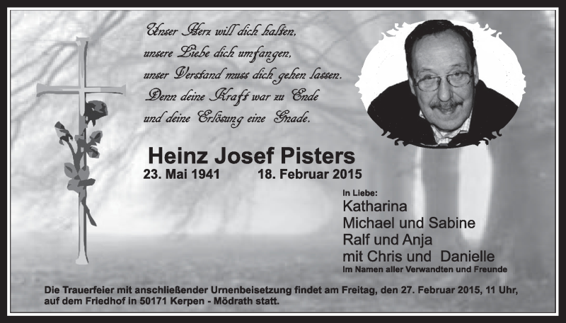  Traueranzeige für Heinz Josef Pisters vom 25.02.2015 aus  Werbepost 