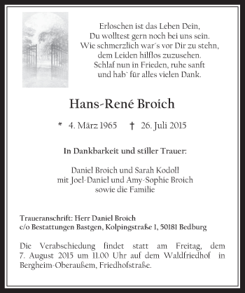 Anzeige von Hans-René Broich von  Werbepost 