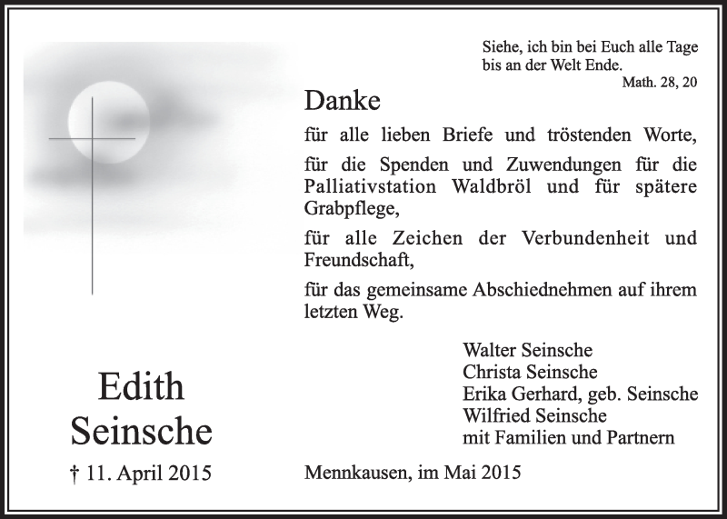  Traueranzeige für Edith Seinsche vom 27.05.2015 aus  Lokalanzeiger 