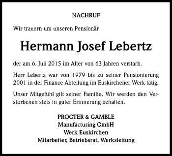 Anzeige von Hermann Josef Lebertz von Kölner Stadt-Anzeiger / Kölnische Rundschau / Express